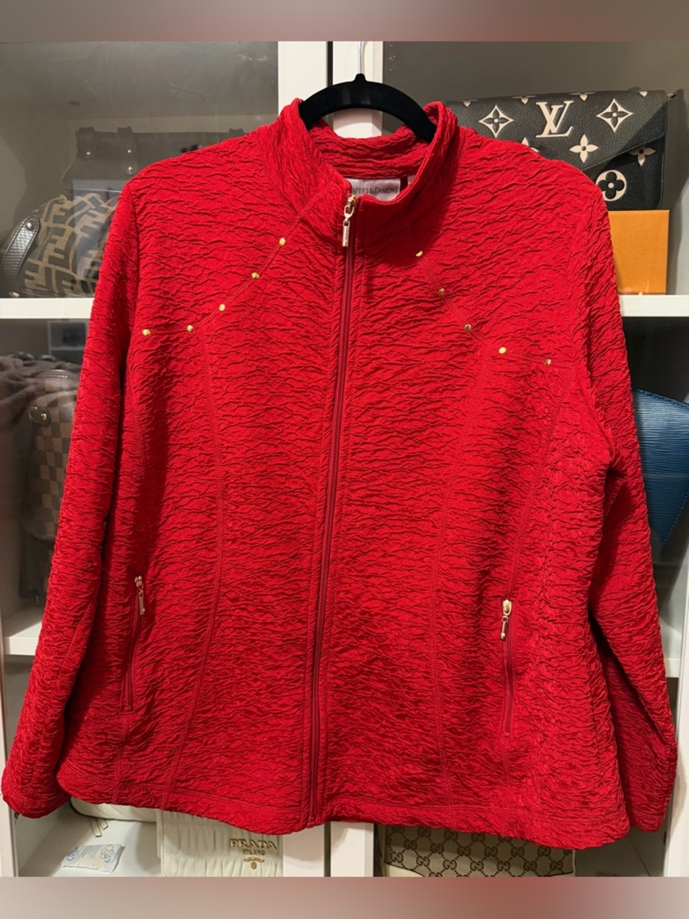 Red Textured Zip-Front Bomber Jacket with Gold Accent
